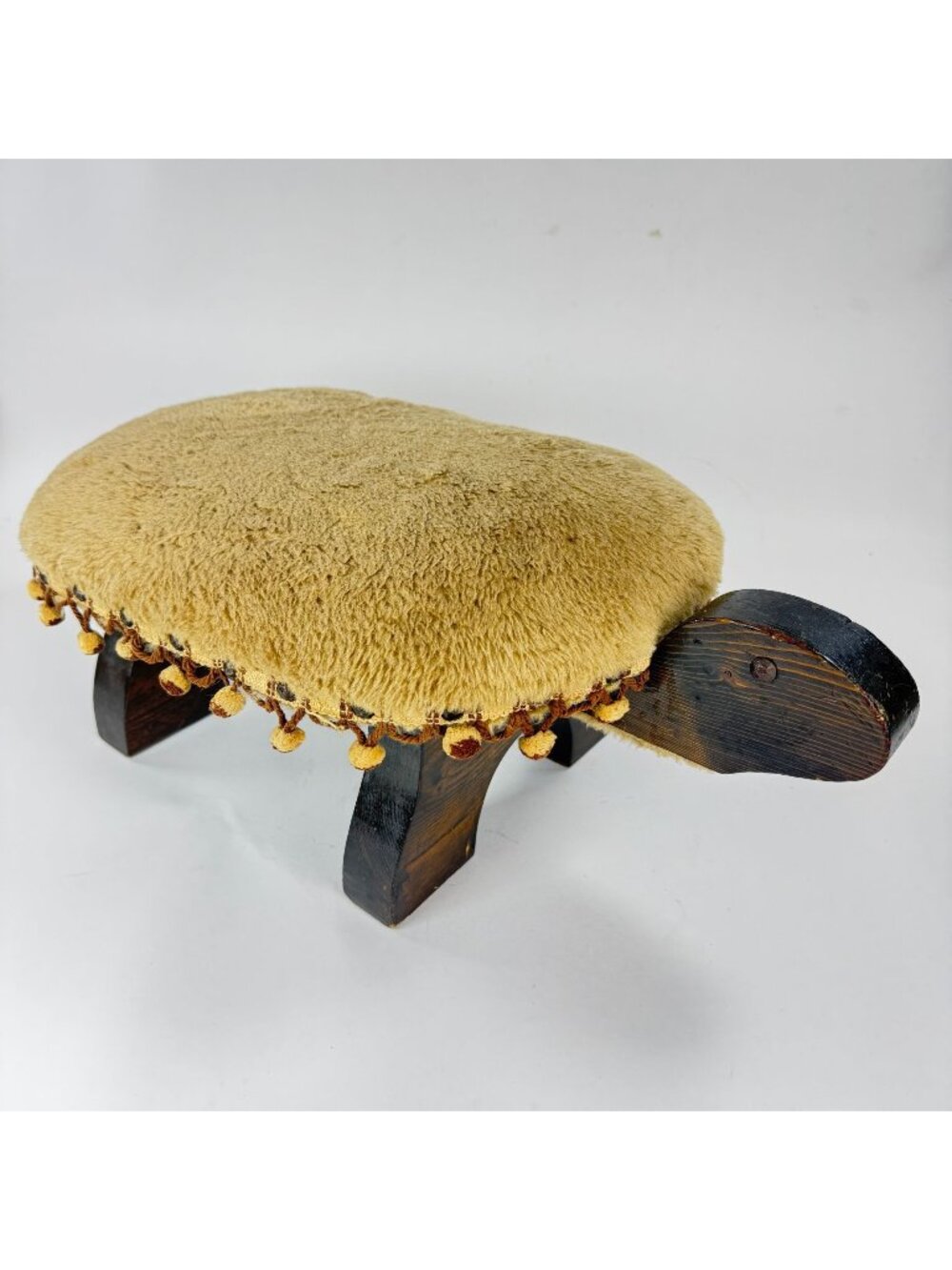 Vintage Turtle Shaped Footstool Beige Upholstery Pom Pom Trim Wood Legs